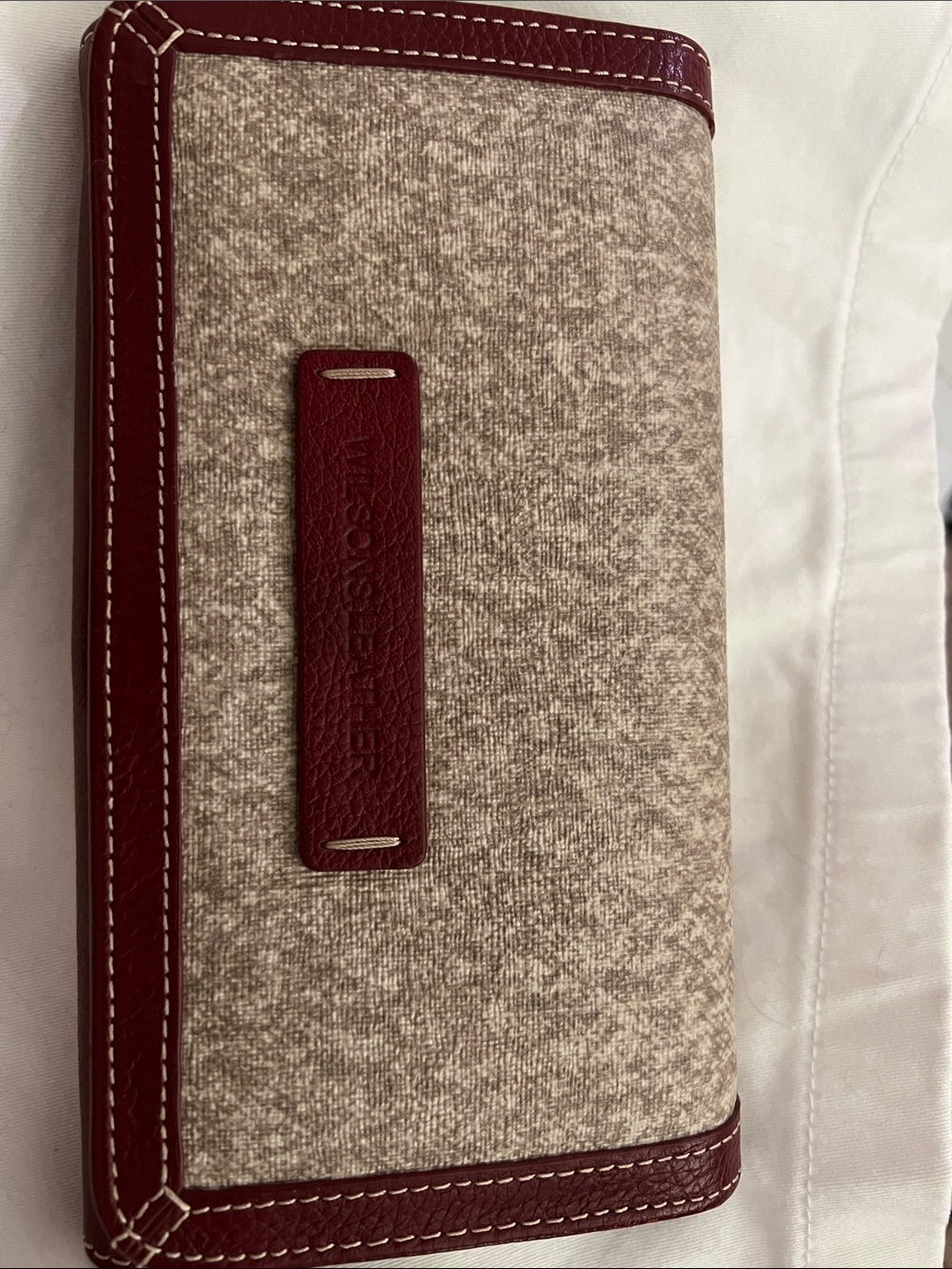 Wilsons Leather Beige Fabric Wallet with Burgundy Trim